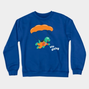 cartoon illustration of skydiving with litlle dinosaur Crewneck Sweatshirt